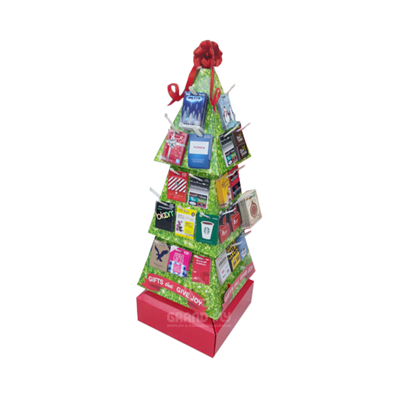 Christmas Tree Shape Four Sides Hooks Cardboard Displays for Greeting Cards